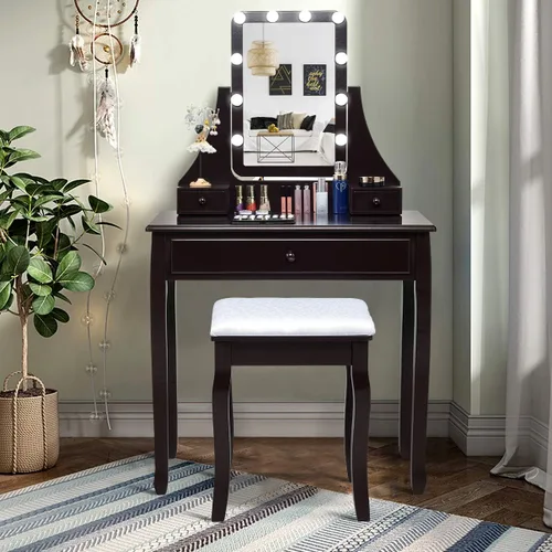 Vista 10 de CHARMAID Tocador de maquillaje con 10 luces LED, 4 cajones, estante de almacenamiento, perilla en forma de rosa, tocador de maquillaje