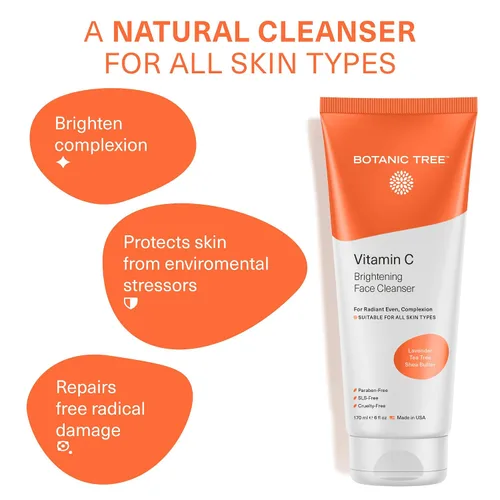 Vista 4 de Botanic Tree Limpiador facial con vitamina C, limpiador facial para todo tipo de piel, envejecimiento o piel seca, minimiza las cicatrices del acné