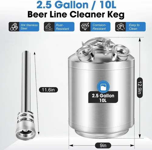 Vista 3 de Kit de limpieza Kegerator de 2.5 galones, kit de limpieza de línea de cerveza de acero inoxidable 304 con acoplador 2D, kit de limpieza de barril