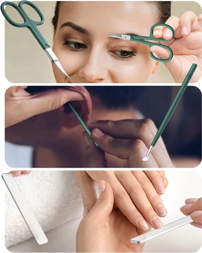 Vista 4 de Bonito juego de aseo premium 5 en 1: cortaúñas, lima, púa de orejas, tijeras para el cabello facial y espejo en una elegante caja de almacenamiento