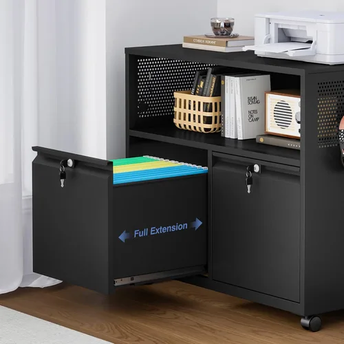 Vista 6 de Archivador de metal con 2 cajones con cerradura, gabinete archivador con soporte para impresora móvil y estantes para archivos de tamaño Negro