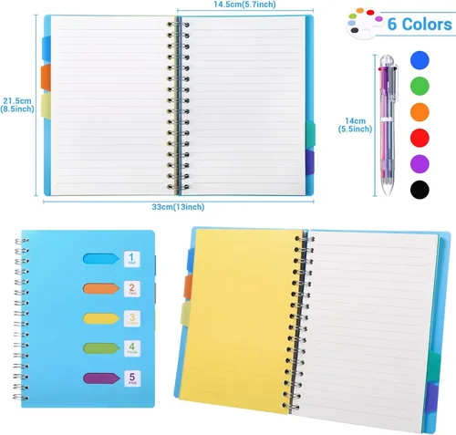 Vista 2 de Kesoto Cuaderno Rayado A5 con Bolígrafo Multicolor Cuaderno de Espiral con Alambre por Materias Diario con 5 Pestañas Divisorias y Bolígrafo Azul