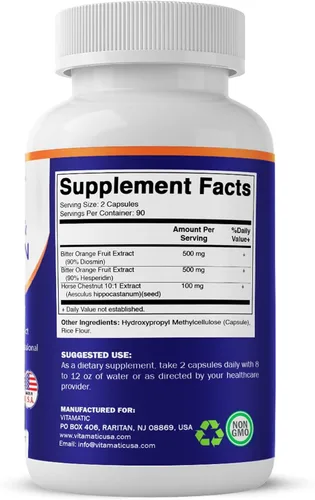 Vista 8 de Vitamatic Diosmin Hesperidin 1000mg con extracto de castaño de indias 100 mg - 180 cápsulas - Complejo de bioflavonoides cítricos - Sin OMG