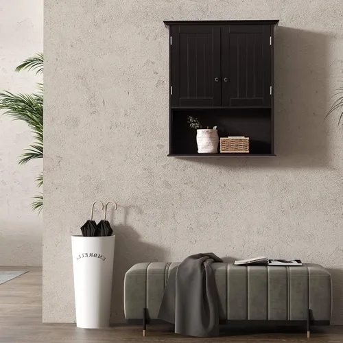 Vista 9 de LDAILY Armario de pared para baño, armario de almacenamiento sobre el inodoro con estante abierto, estante ajustable de 3 alturas y 2 puertas