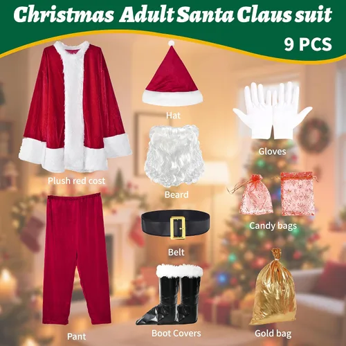 Vista 2 de Santa Claus Costume for Men Christmas Santa Suit Rde- 9 piezas