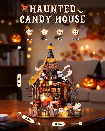 Vista 6 de Rolife Kit de casa de dulces embrujada de Halloween DIY con 9 luces LED, kits de construcción de modelos de casa pequeña para principiantes