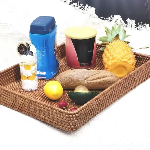 Vista 6 de i-lan Mesa de café rectangular de ratán otomano de 17 pulgadas sin asas, bandeja rectangular de mimbre natural con pared de 2.4 pulgadas