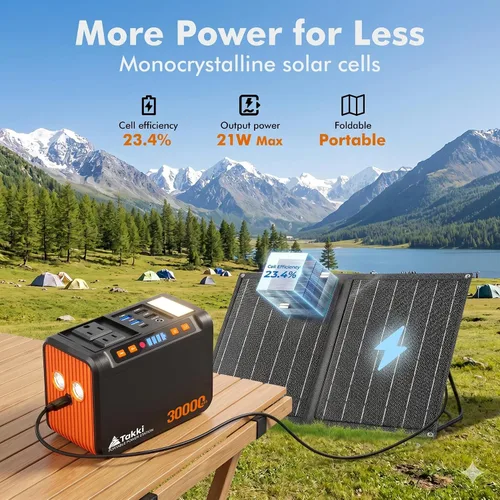 Vista 6 de Takki Generador Solar Portátil de 111Wh Estación de Energía con Panel Solar Plegable de 21W, Banco de Energía Cargador Solar de Pico de 120W