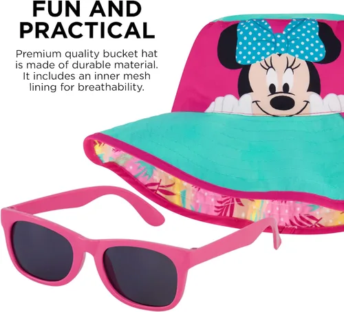 Vista 4 de Disney Girls' Frozen & Minnie Mouse 4-Piece Kids Set, Long Sleeves Rash Guard, Swim Shorts, Glasses & Bucket Hat Ages 3-8
