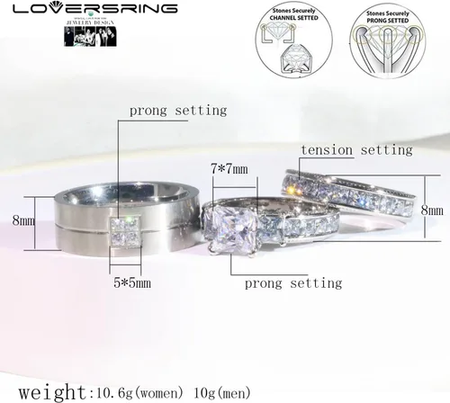 Vista 2 de LOVERSRING Juego de anillos de boda de acero inoxidable con circonita cúbica chapada en oro blanco