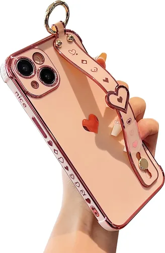 Vista 7 de DEFBSC Funda compatible con iPhone 15, con borde galvanizado, diseño de corazón con correa para la muñeca, protección completa de la cámara