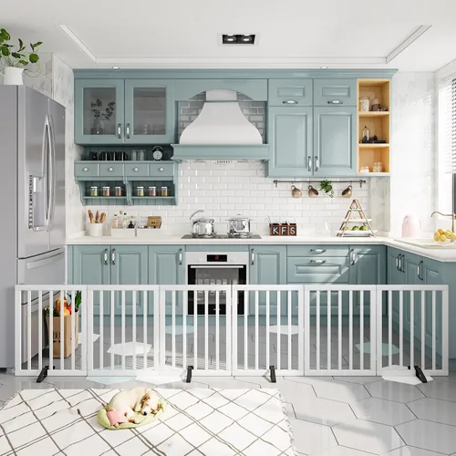 Vista 32 de Puerta plegable negra para mascotas de 18-55 pulgadas para escaleras y puertas, valla de puerta para cachorros