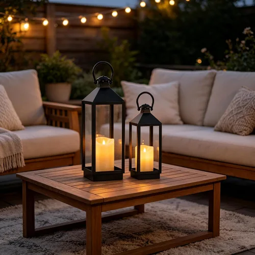 Vista 7 de 2 Pack Black Decorative Lantern Set 17 Inch and 13 Inch Metal Frame Lanterns with LED Flickering Candles for Indoor Outdoor Home Patio Decor