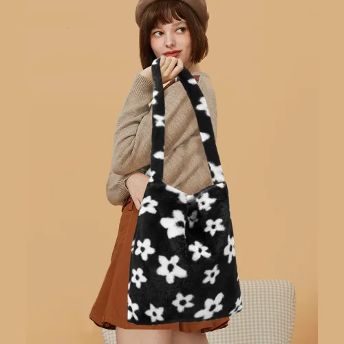 Vista 3 de Bolso de mano peludo y esponjoso, bolso grande y mullido, lindo bolso de felpa con cremallera para mujeres y niñas, bolso de hombro de piel