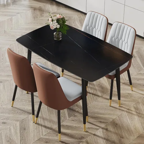 Vista 16 de Juego de 5 mesas de comedor modernas de piedra sinterizada de 50 pulgadas, mesa de cocina rectangular de mármol sintético con 4 sillas de piel