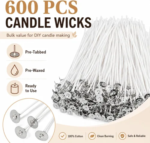 Vista 2 de Newwiee 600 mechas de velas de algodón preenceradas de 6 pulgadas para hacer velas, hechas de bricolaje, gruesas, con base