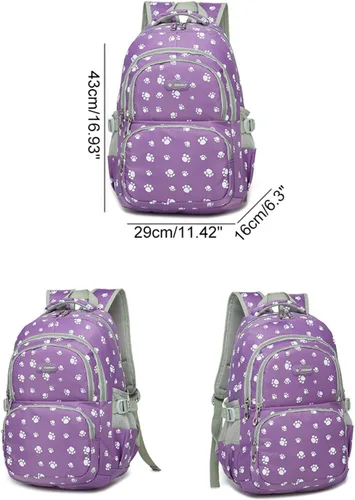Vista 2 de JiaYou Mochila escolar con estampado de huellas de perro para adolescentes, niñas, estudiantes de escuela primaria, Morado 3pcs, Mochilas Daypack