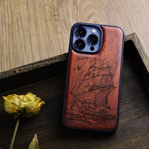 Vista 8 de Carveit Funda magnética de madera para iPhone 13 Pro [madera natural y TPU suave negro] a prueba de golpes, funda de madera única compatible