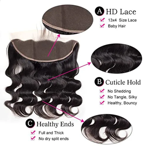 Vista 2 de 13x4 Cierre frontal de encaje de oreja a oreja con onda corporal, cabello humano brasileño virgen, encaje transparente HD, con cabello de bebé