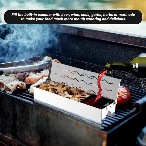 Vista 3 de Skyflame Caja de ahumador de acero inoxidable con lata, doble forma de V, astillas de madera para barbacoa, caja ahumada diseñada con ventilación