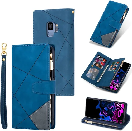 Vista 9 de UEEBAI Funda tipo cartera para Samsung Galaxy S9 Plus, Retro 9 ranuras para tarjetero con cremallera, bolsillo de piel sintética, cierre magnético