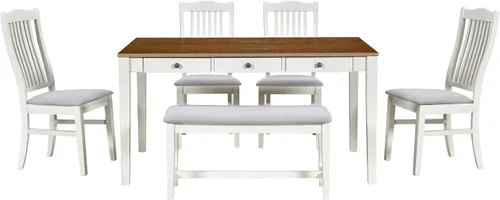 Vista 119 de Juego de mesa de comedor vintage de 6 piezas, juego de mesa de comedor de cocina de madera maciza con 4 sillas ergonómicas acolchadas y banco, mesa