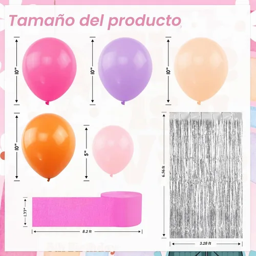 Vista 3 de Telón de fondo con flecos de arco de globos de color rosa y naranja, kit de arco de guirnalda de globos de margarita, serpentinas geniales