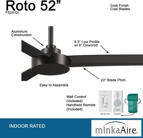 Vista 2 de Minka-Aire F524-CL Roto Ventilador de techo de 52 pulgadas 3 aspas con control remoto adicional en acabado carbón..