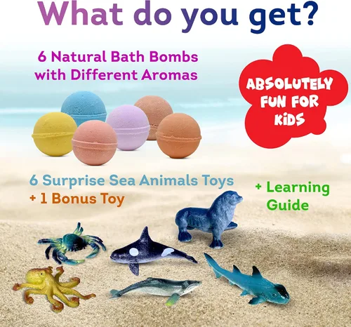 Vista 5 de Bombas de baño fabricadas en Estados Unidos para niños, juguetes sorpresa dentro de animales marinos - 36 juguetes oceánicos como tiburón o medusa