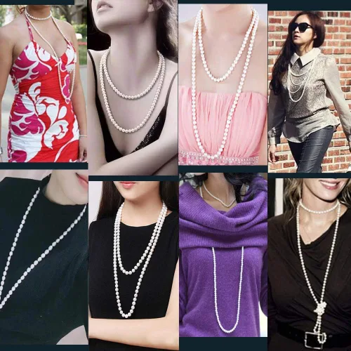 Vista 5 de Collar para mamá, regalo para el día de la madre, collar de perlas largas en Y Boho de 0.236 pulgadas con perlas falsas con cuentas, collares