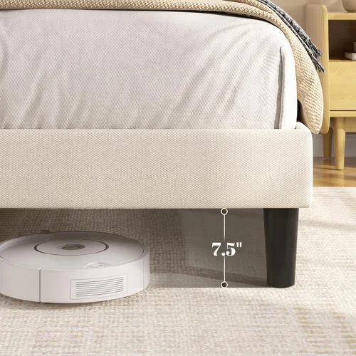 Vista 6 de Fluest Base de cama de plataforma Queen con cabecera alta tapizada de lino, no necesita somier, esponja EVA antirruido, fácil montaje, envío en una