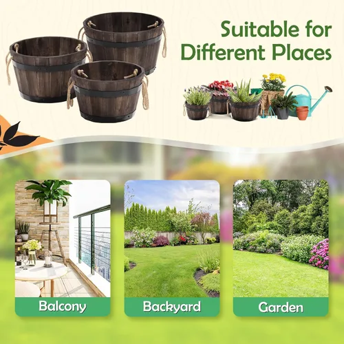 Vista 6 de Juego de 3 cajas de flores de madera para exteriores, macetas de barril de madera de acacia duraderas para plantas al aire libre con asas