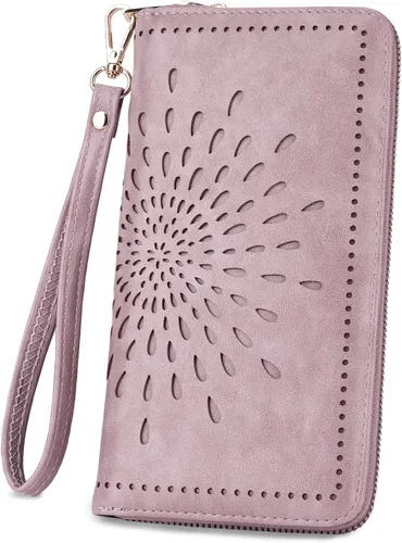 Vista 11 de APHISON Billetera para mujer, gran capacidad, monedero, tarjetero, RFID, pulsera, teléfono, cremallera, moneda, bolsillo de viaje azul