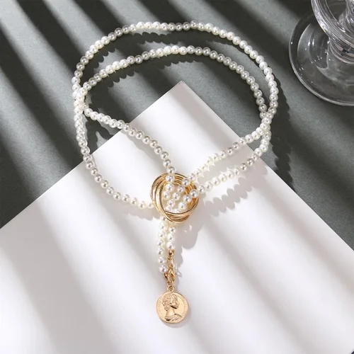 Vista 7 de Sttiafay Collar de perlas Lariat en Y, collar de cadena de perlas barrocas en Y, collar largo con borla larga, collar de suéter con dije de moneda
