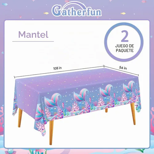 Vista 2 de Gatherfun Juego de suministros para fiesta de sirena: 2 manteles rectangulares de plástico, 54 x 108 pulgadas, patrón de sirena morado (degradado)