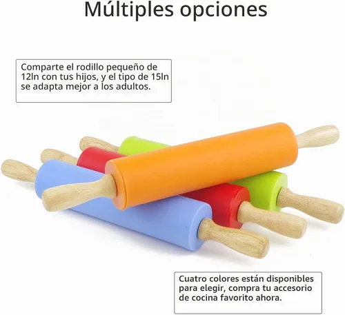 Vista 6 de Rodillo de silicona para hornear, antiadherente, rodillo para masa, mango de madera, accesorios de cocina, rodillo para pastelería
