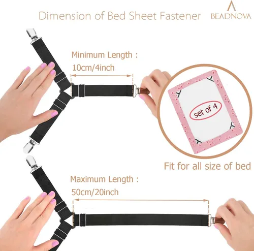 Vista 2 de BEADNOVA Correas para sábanas de cama, 4 piezas triangulares, clips de sábana ajustables, sujetadores de colchón, clips de esquina para cama, funda