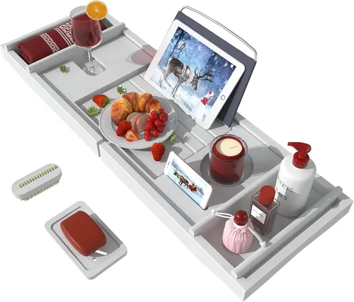 Vista 10 de Bandeja de baño para tina, bandeja organizadora ajustable de bambú con jabonera, ideal para spa de lujo o lectura (negro)