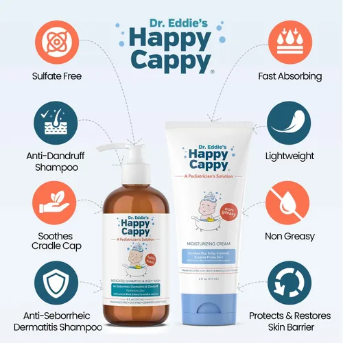 Vista 2 de Happy Cappy Paquete de champú medicado y gel de baño y crema hidratante – Champú para caspa de bebé, loción para eccema para niños, ayuda a la cuna
