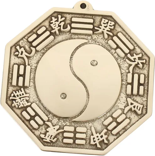 Vista 3 de LIFKOME 3 espejos tradicionales chinos de madera Bagua, adornos de espejo Bagua de cobre chino, latón de montaña, espejo convexo de Bagua