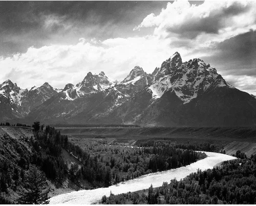 Vista 3 de ArtDirect View from river valley towards snow covered mountains, river in foreground, Grand Teton National Par 18x15 Black Modern Wood Framed with