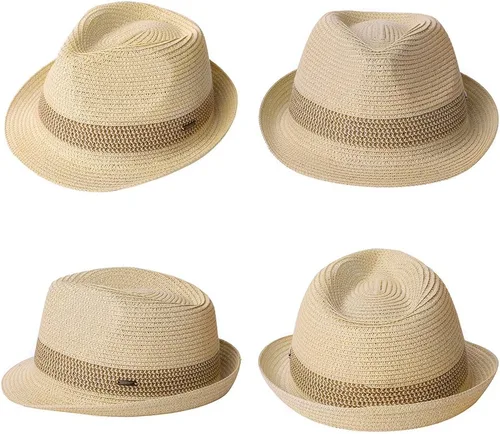 Vista 3 de Fancet Sombrero de Paja Pajarita Fedora Panamá Sol Verano Playa Sombrero Cubano Trilby Hombres Mujeres 21.7-24.0in