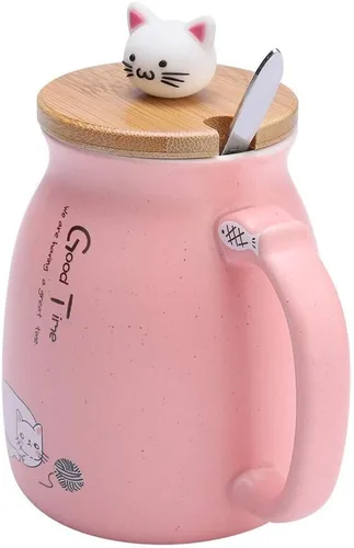 Vista 5 de TOPINCN Taza de cerámica con diseño de gato lindo con cuchara y tapa de madera, taza de té y agua para leche para oficina en casa (12.8 fl oz)