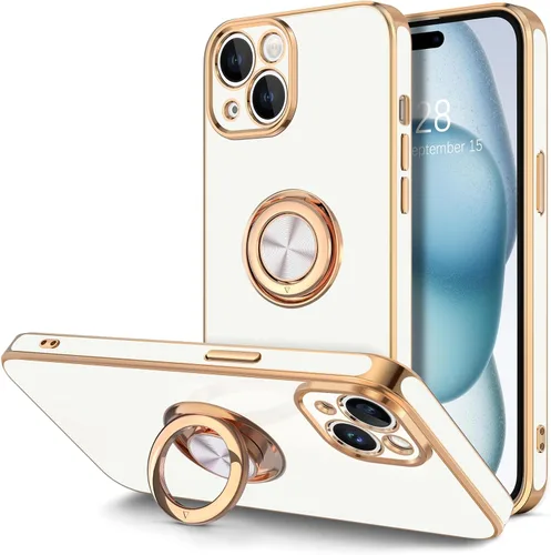 Vista 20 de Hython Funda para iPhone 15 con Soporte de Anillo, Soporte de Anillo Giratorio de 360° Soporte Magnético, Borde Chapado en Oro Rosa Cubierta Suave