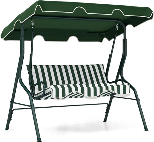 Vista 16 de RELAX4LIFE Silla columpio para porche para 3 personas, columpio para exteriores con toldo ajustable, cojín extraíble y soporte de marco de metal