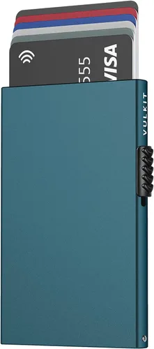 Vista 7 de Cartera de tarjetas de crédito minimalista VULKIT con protección RFID, cartera de metal delgada con tarjetero emergente, Azul, Minimalista