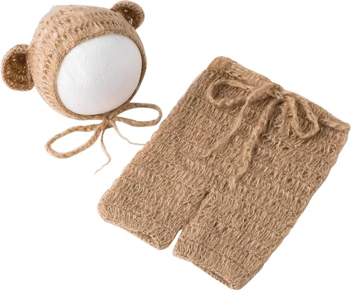 Vista 2 de Vemonllas Accesorios de fotografía para recién nacidos para niños y niñas, sombrero de oso mohair y pantalones para fotos de bebé
