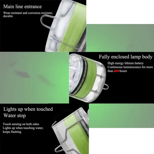 Vista 6 de Paquete de 10 luces LED de caída profunda de pesca, luces LED estroboscópicas intermitentes de colores, luz de pesca subacuática, atractantes Verde