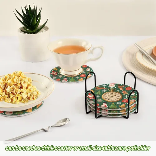 Vista 6 de Merry Christmas Vintage Pocket Watch Green Coasters Absorbant Set with Holder 6 Pack Drink Coasters for Home Posavasos para Mesa