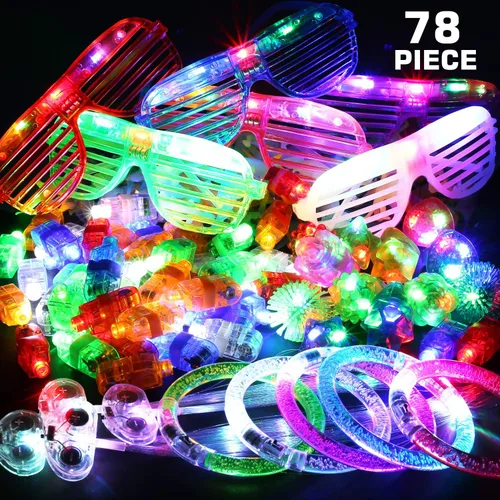 Vista 6 de 78 piezas de juguetes con luz LED, artículos de fiesta a granel que brillan en la oscuridad para adultos y niños, cumpleaños, Halloween, con 50